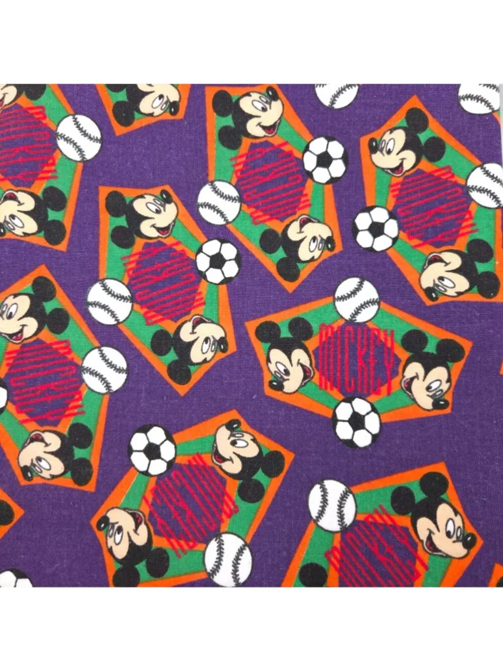 Vtg Disney Mickey Mouse Sports Cotton Fabric 2 Pieces 19x35 Inches Each Washed